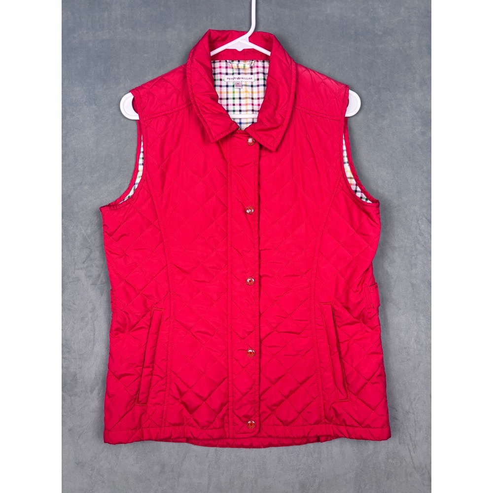 Peter Millar Womens Red Quilted Vest Plaid Lined Full Zip Snap Front LF12Z05 M
